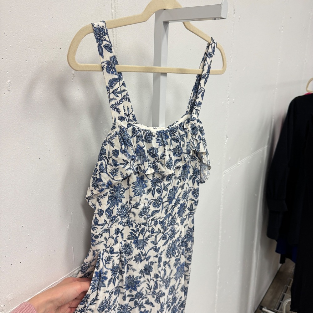 LOFT Floral Ruffle Wide Leg Jumpsuit Size 4 Sleeveless Pockets Blue White Summer - Picture 5 of 9